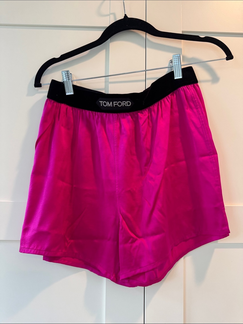 Tom Ford Satin Bike Shorts in Fuchsia with Black Waistband